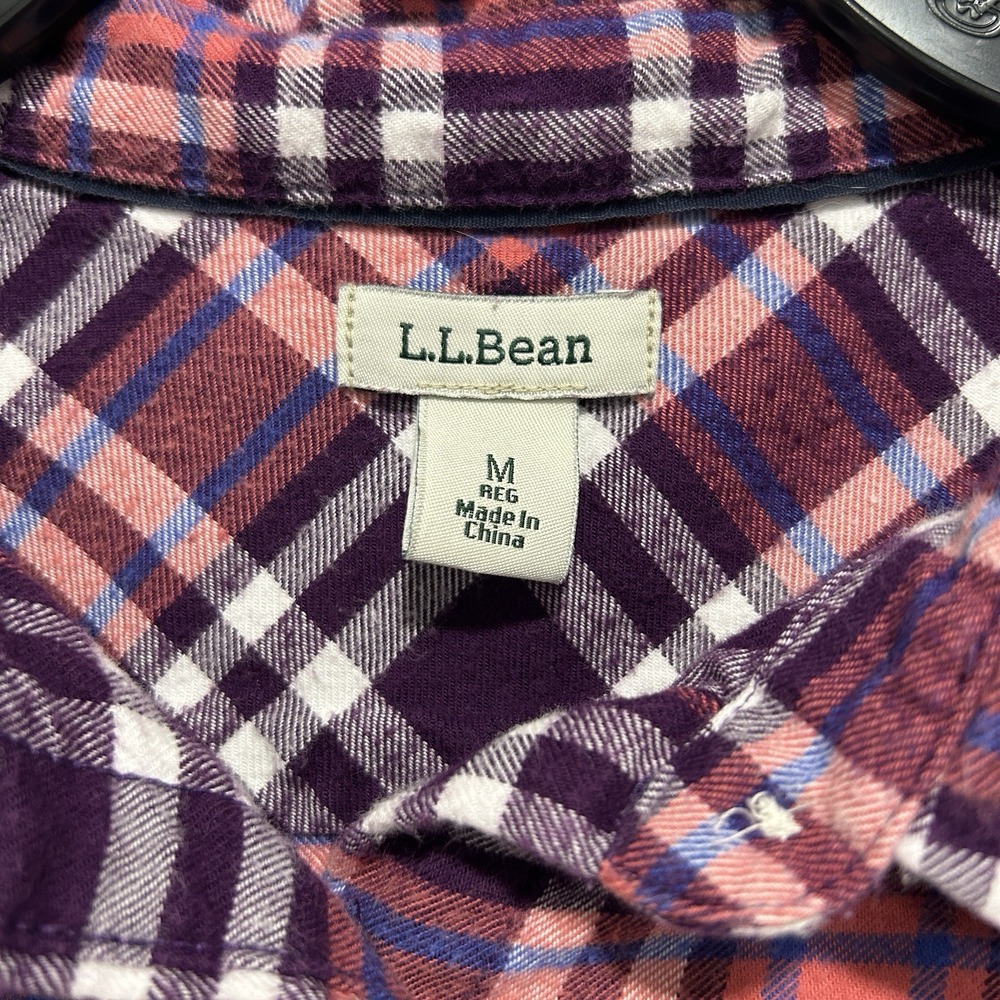LL Bean‎ Shirt Women's Size Medium Maroon Coral Plaid Button Up 100% Cotton - Picture 3 of 8
